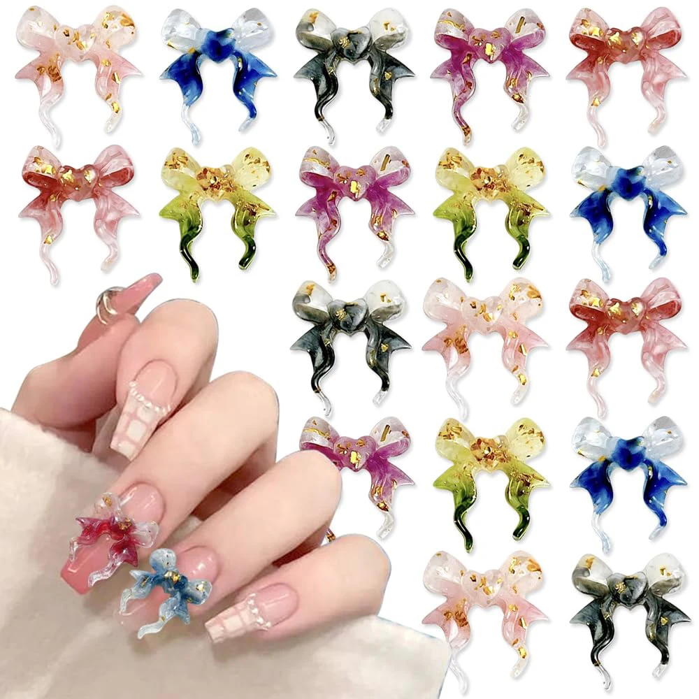 50Pcs Mixed Ribbon Bowknot Nail Charms 3D Resin Korean Shiny Foil Bow Nail Art Tie Decoration Kawaii DIY Manicure Accessories