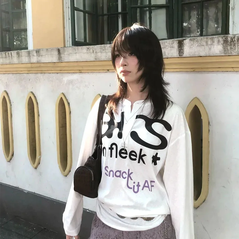 Harajuku تي شيرت مطبوع المرأة كم طويل فضفاض بلايز عادية Y2k خمر الجرونج القمم اليابانية 2000s الشارع الشهير بلايز