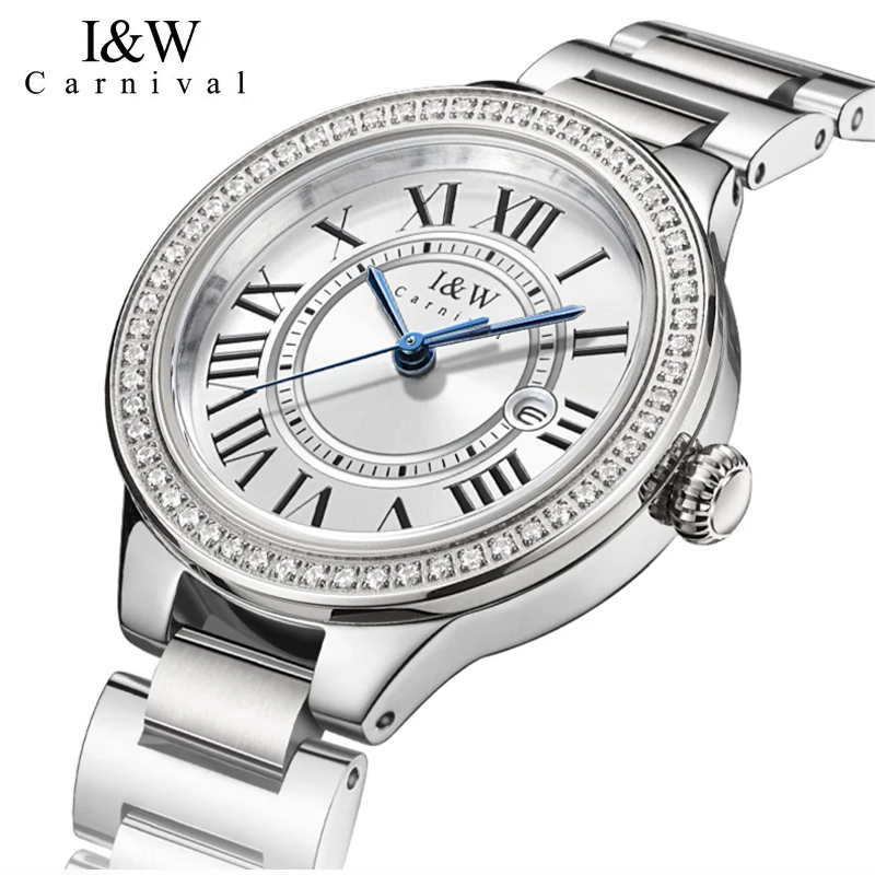 IW Luxury Brand Japan Quartz Movement Women Watch Fashion Ladies Elegant Steel Wristwatch Diamond Calendar Female Clock