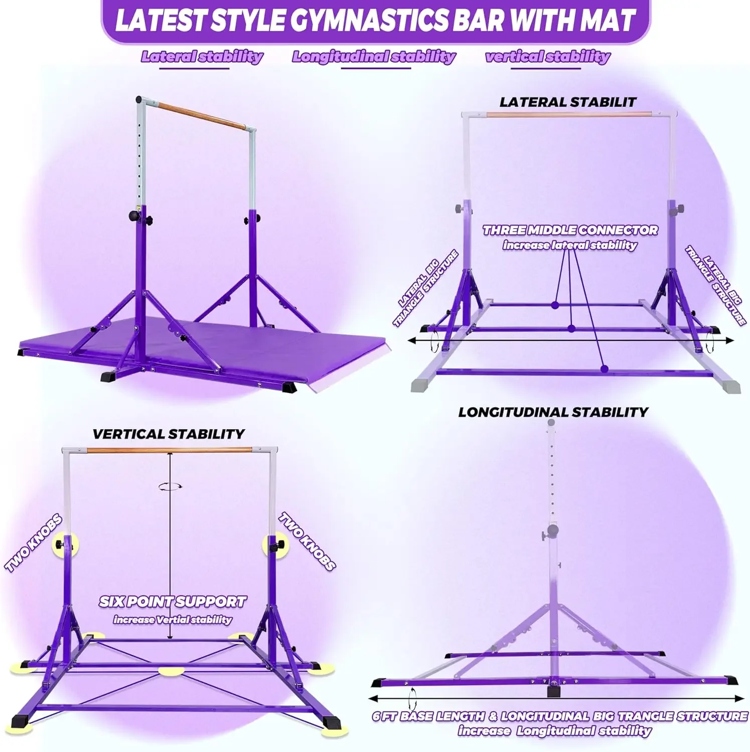 Bar For Kids and Teenage Ages 3-25, 5 FT / 6 FT Base Length Height, Gymnastic Kip Bar Horizontal Bar