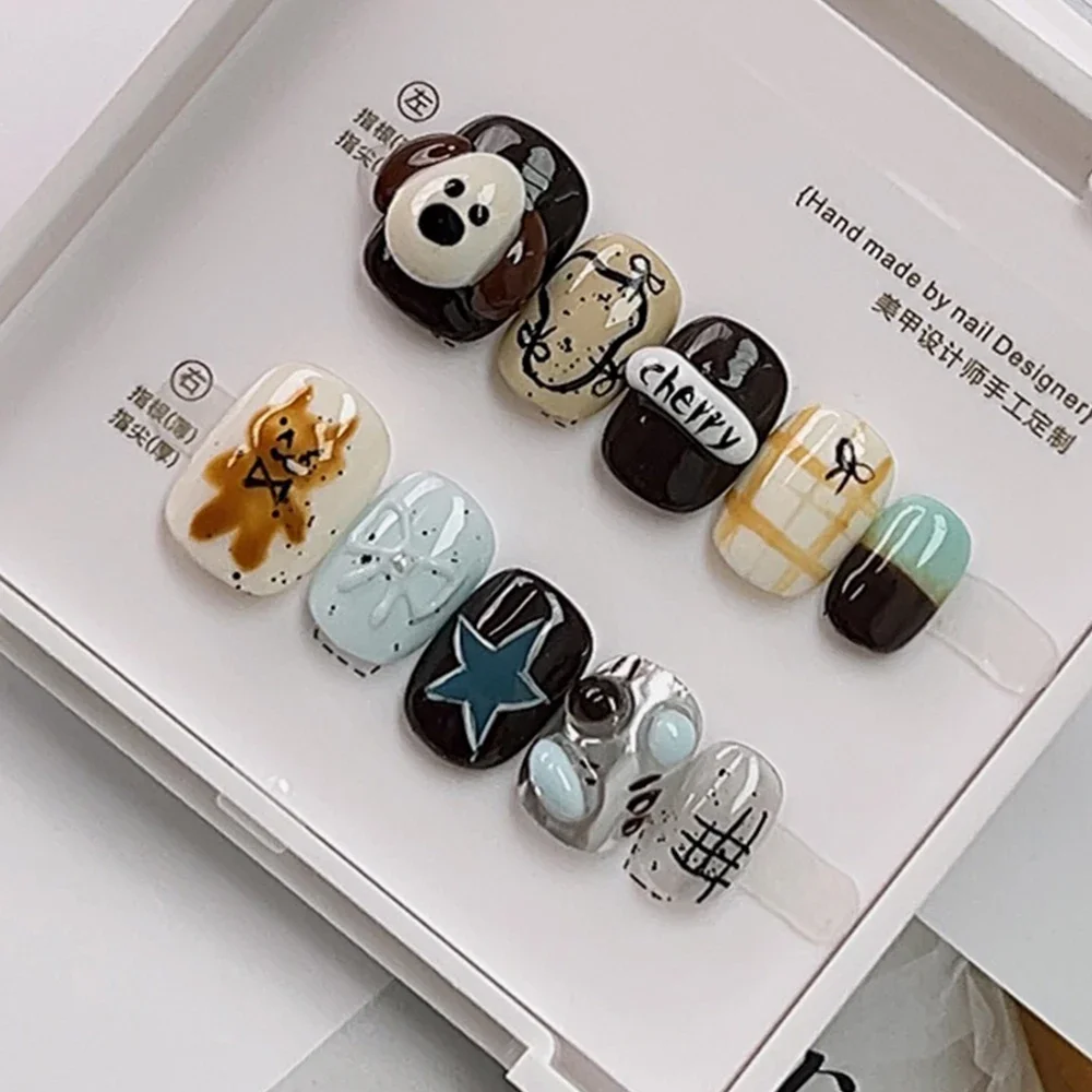 New 10Pcs Kawaii Hand-Painted Graffiti Handmade Manicure Retro Polka Point Streak Fashion Cat Eye Short Artificial False Nails