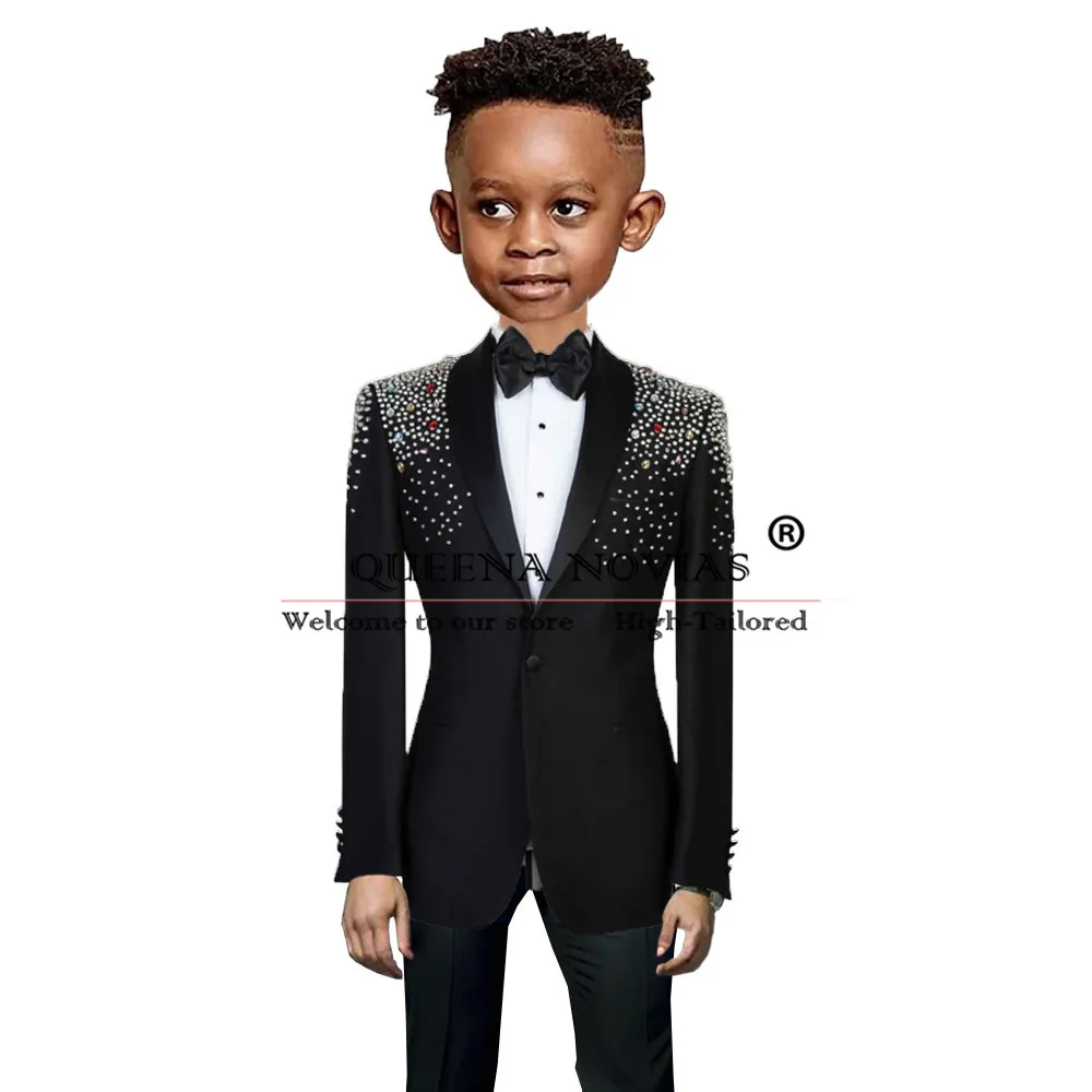 Luxury Boy Suits For Wedding Crystals Beading Prom Blazer Tailor-made Children Formal Party Tuxedo Kids Graduation Clothing 2pcs