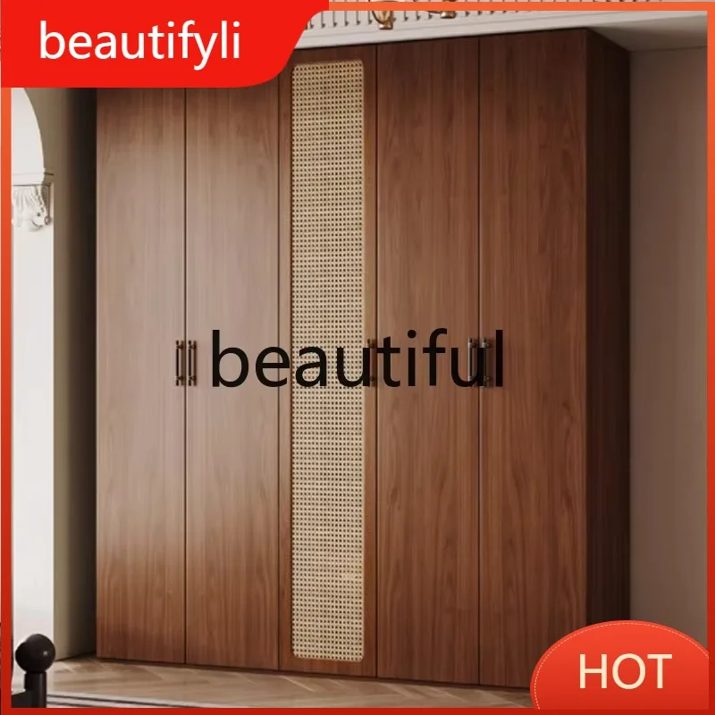 A139 Retro rattan braided to top wardrobe home bedroom storage cabinet modern simple solid wood wardrobe
