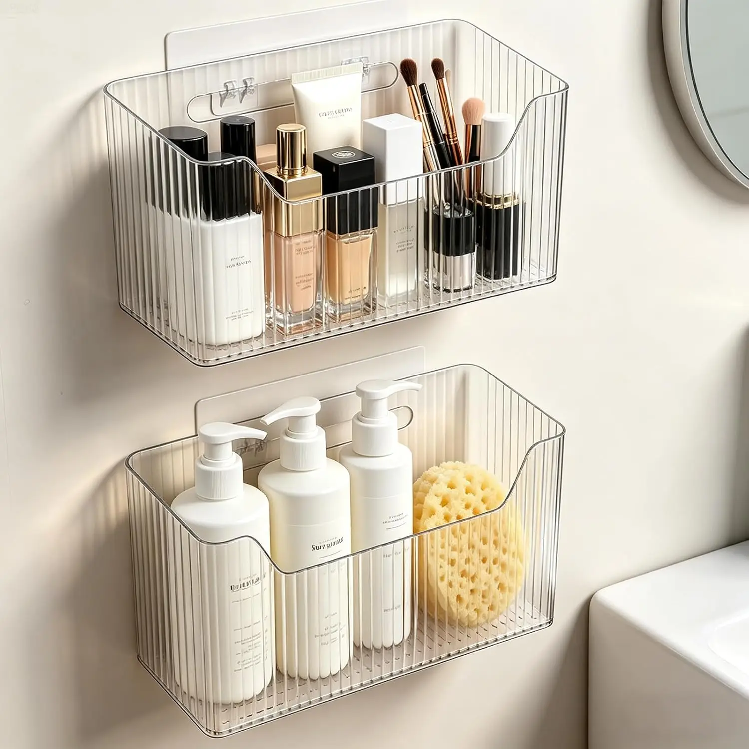 

2-Pack Stackable Shower Caddy, Adhesive Wall Mount Basket for Bathroom Kitchen, BPA-Free Clear Plastic, 11lb Capacity