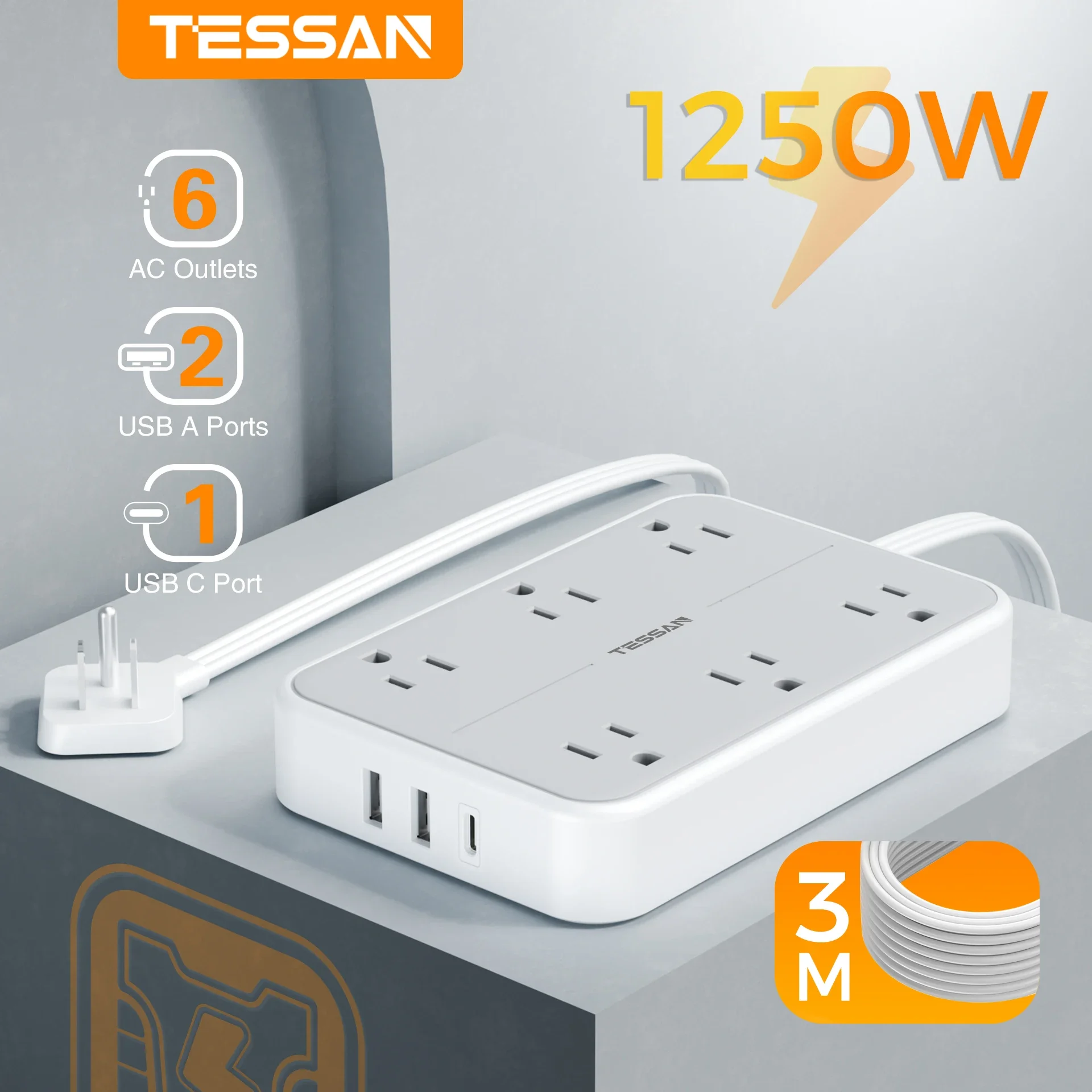 TESSAN Multiple Plug Power Strip with 6 AC Outlets and 3 USB 10FT Flat Extension Charger with Surge Protection for Home Office