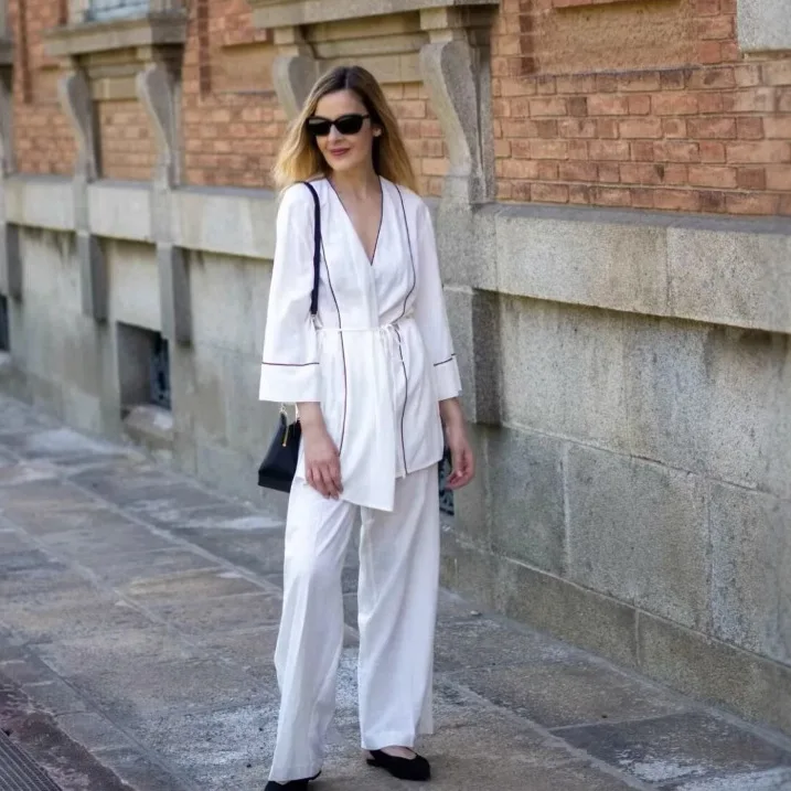 

Casual Women's Autumn 2 Piece Sets Color Blocked V-neck Asymmetrical Long Sleeved Coat For Female High Waist Wide Leg Lady Pants