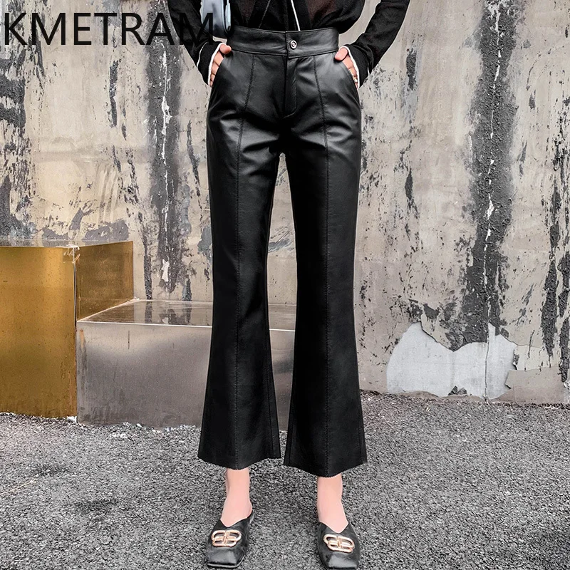 KMETRAM Real Cowhide Leather Pants Women Clothing Autumn Winter Trousers Pantacourt Femme High Waist  Flare Pants 2024 Брюки