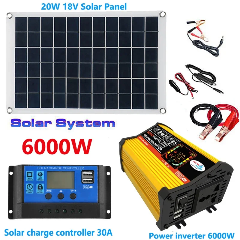 

12V to 110V/220V Solar Panel System 20W Solar Panel 30A Controller 6000W Modified Sine Inverter Power Generation Kit for Outdoor