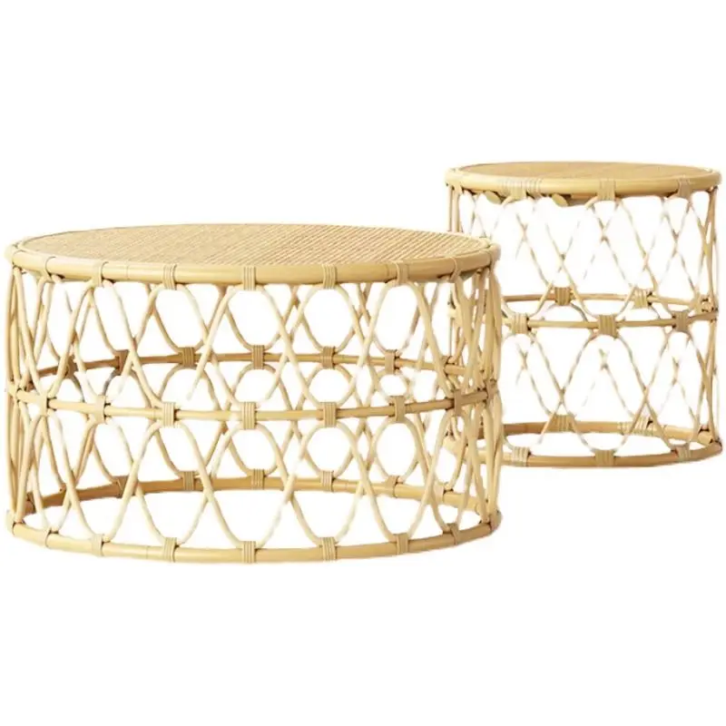 Woven Rattan Round Tea Table for Living Room, Minimalist Southeast Asian Homestay Coffee Desk, Rustic Natural Fiber Accent Table