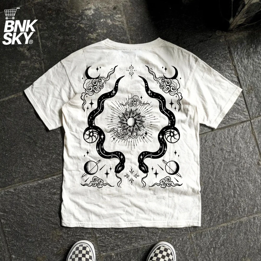 Millennium Subculture Star Moon Double Snake Lazy Dark Style Short Sleeve Retro Tattoo Wind T-Shirt Breathable Cotton round N...
