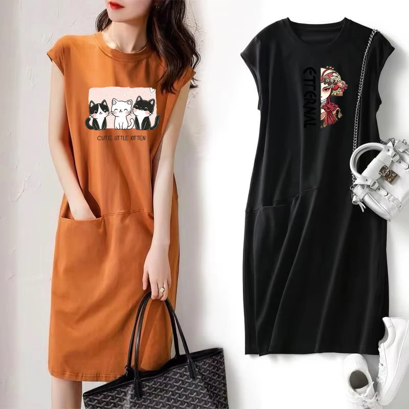 Summer Popular Loose And Slim Cartoon T-shirt Over Knee Dress Women's Mid Length Fairy Dress