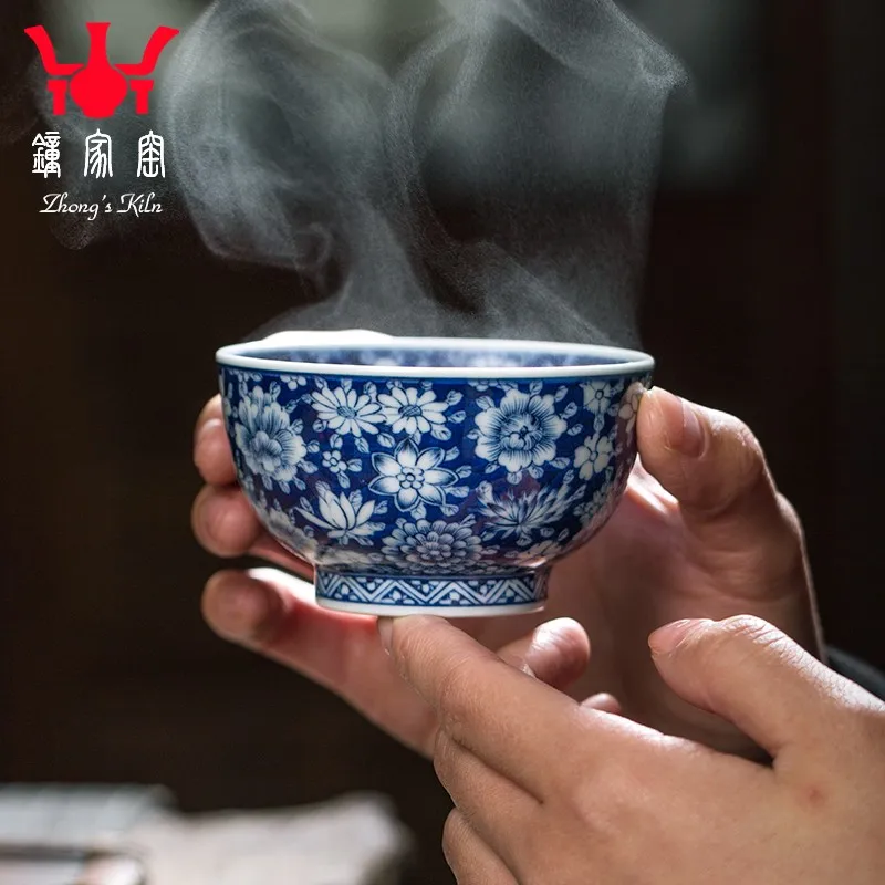 Zhongjia Kiln High-End Master Cup Single Owner Ceramic Cup Jingdezhen Blue and White Wood Kiln Blue and White Flowers inside and