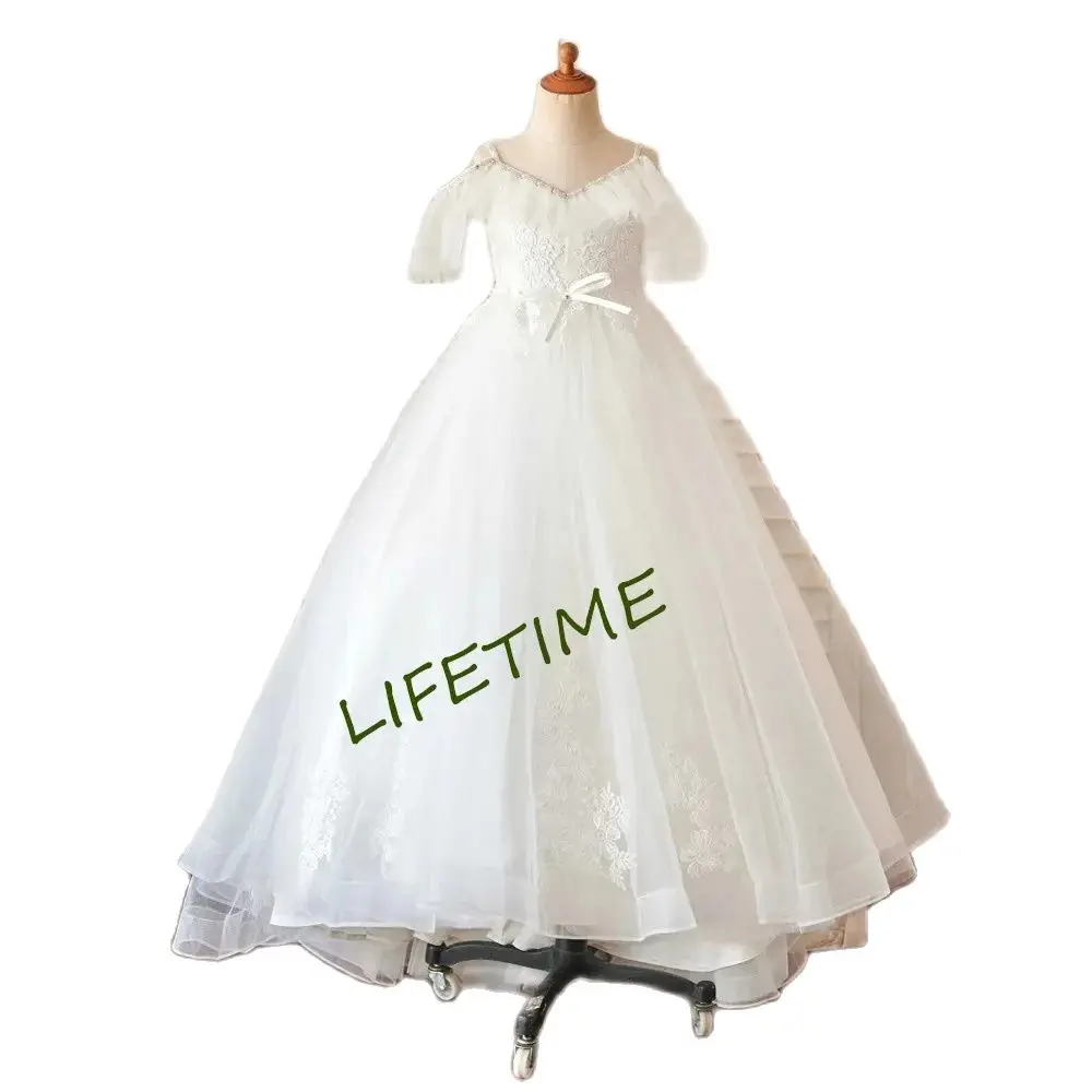 

Kids Aline Lace Appliques Baby Communion Dress Girl Tulle Scoop Party Dress Girl Tulle Cap Sleeves Flower Girl Dress Ball Gown