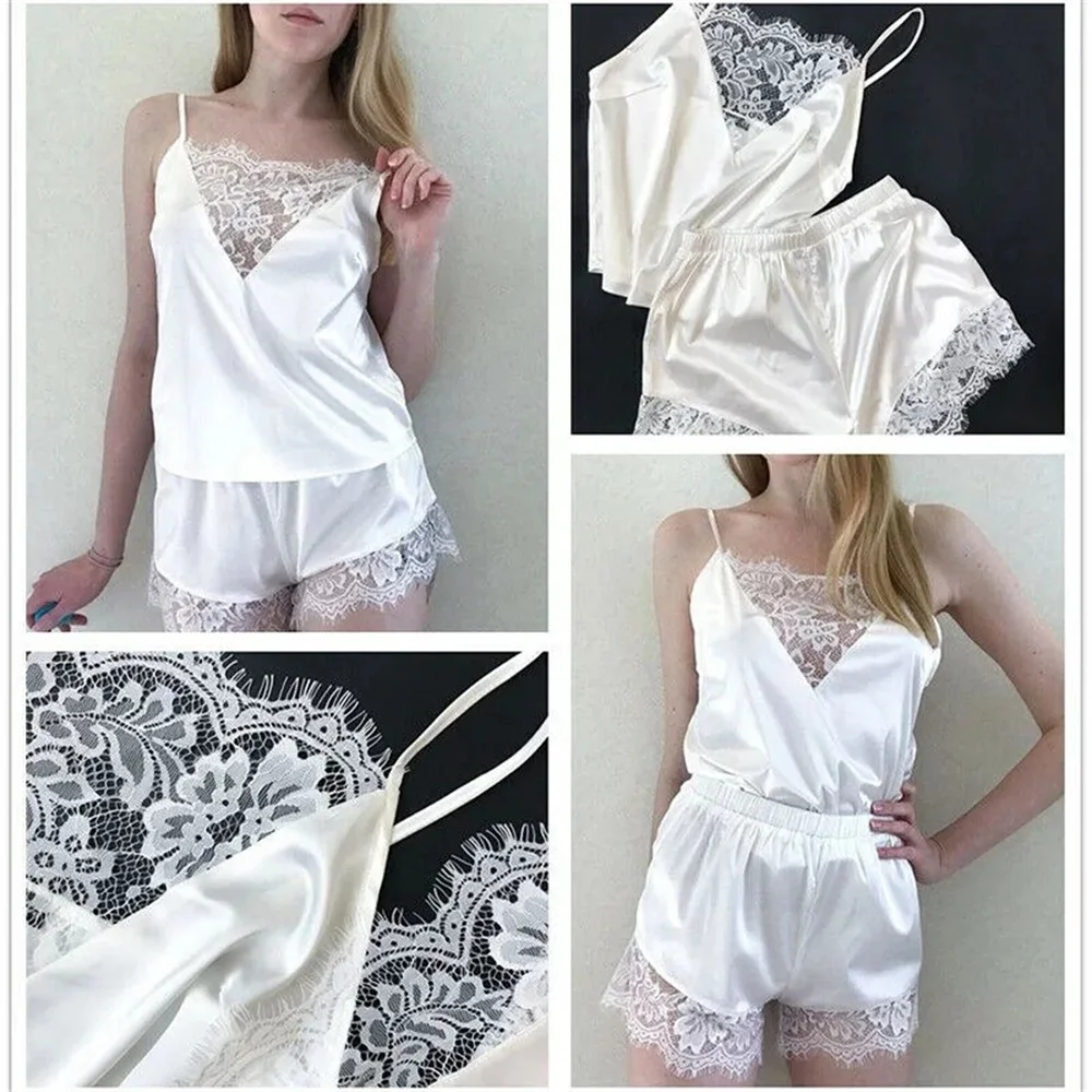 Women Pajamas Sets Satin Lace Sleepwear Lingerie Ladies Elastic Suspender Shorts Nightwear Suits Sexy Sleeveless Underwear Tops