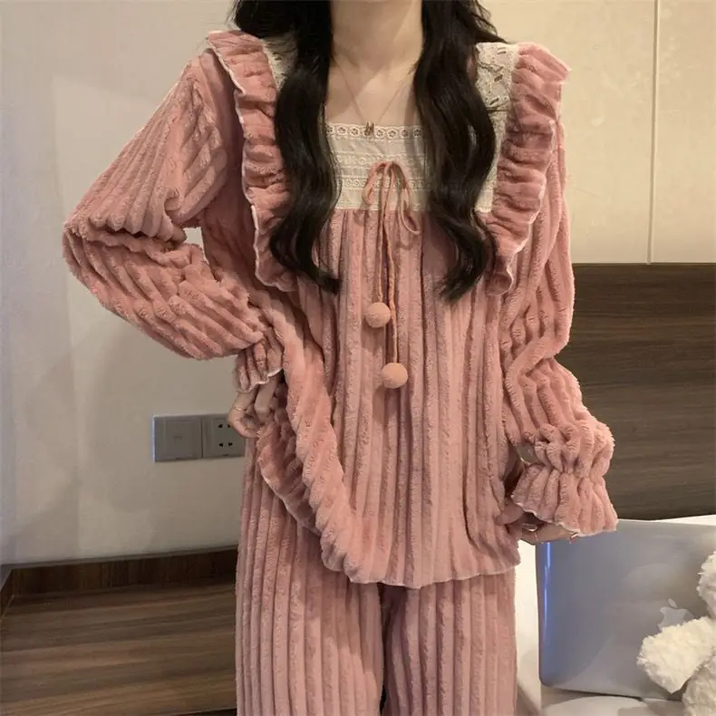 Autumn and Winter Pajamas Ms. Princess Flannel Coral Fleece Fine Fleece Warm Home Wear Cute Instagram Style pajamas for women