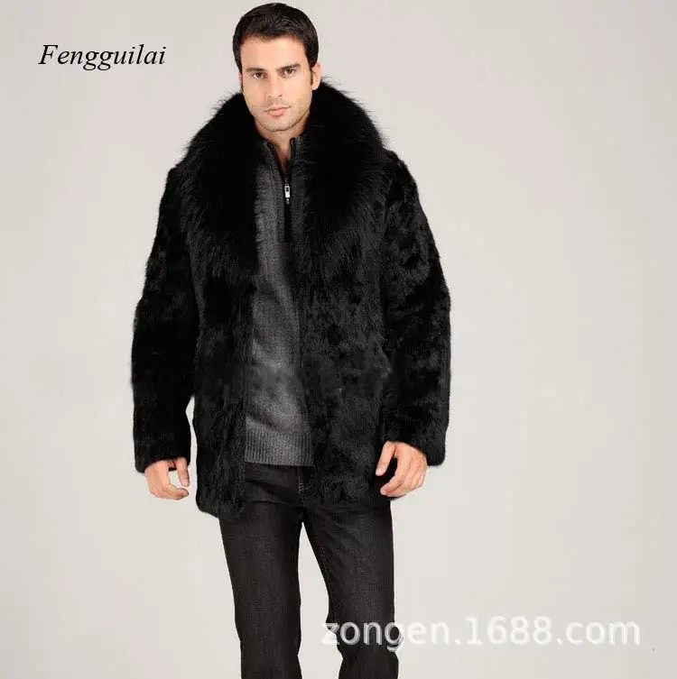 Autumn and Winter Men\'s Fashion Slim Fit Imitation Fur Collar Fur Coat Black Luxury Coat Men