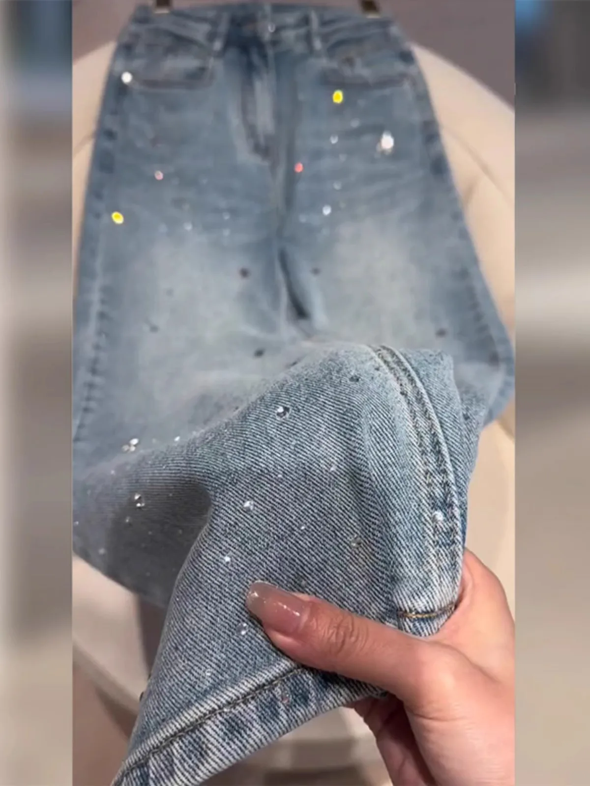 Heavy-Duty Rhinestone Embellished High-End Jeans Women, New Autumn Style, Plus-Size High- Slimming Straight-Leg Pants For
