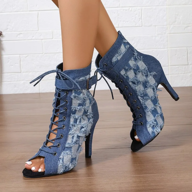 Casual women's boots new fish mouth slim heel high-heeled cool boots washed denim plaid oversized back zipper women's sandals