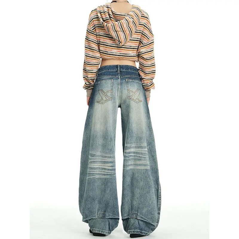 

Washed distressed design street style cat-ear denim jeans, loose fit, slimming, gradient color, tummy control, low-rise, straigh