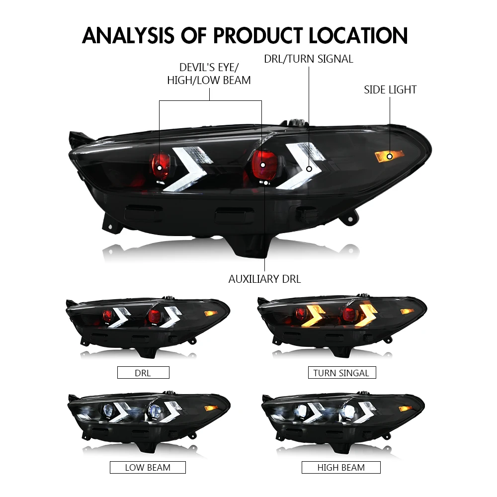 Faróis de projetor olhos demoníacos vermelhos, montagem de lâmpadas LED, acessórios de carro, Ford Fusion, Mondeo, 2013-2016