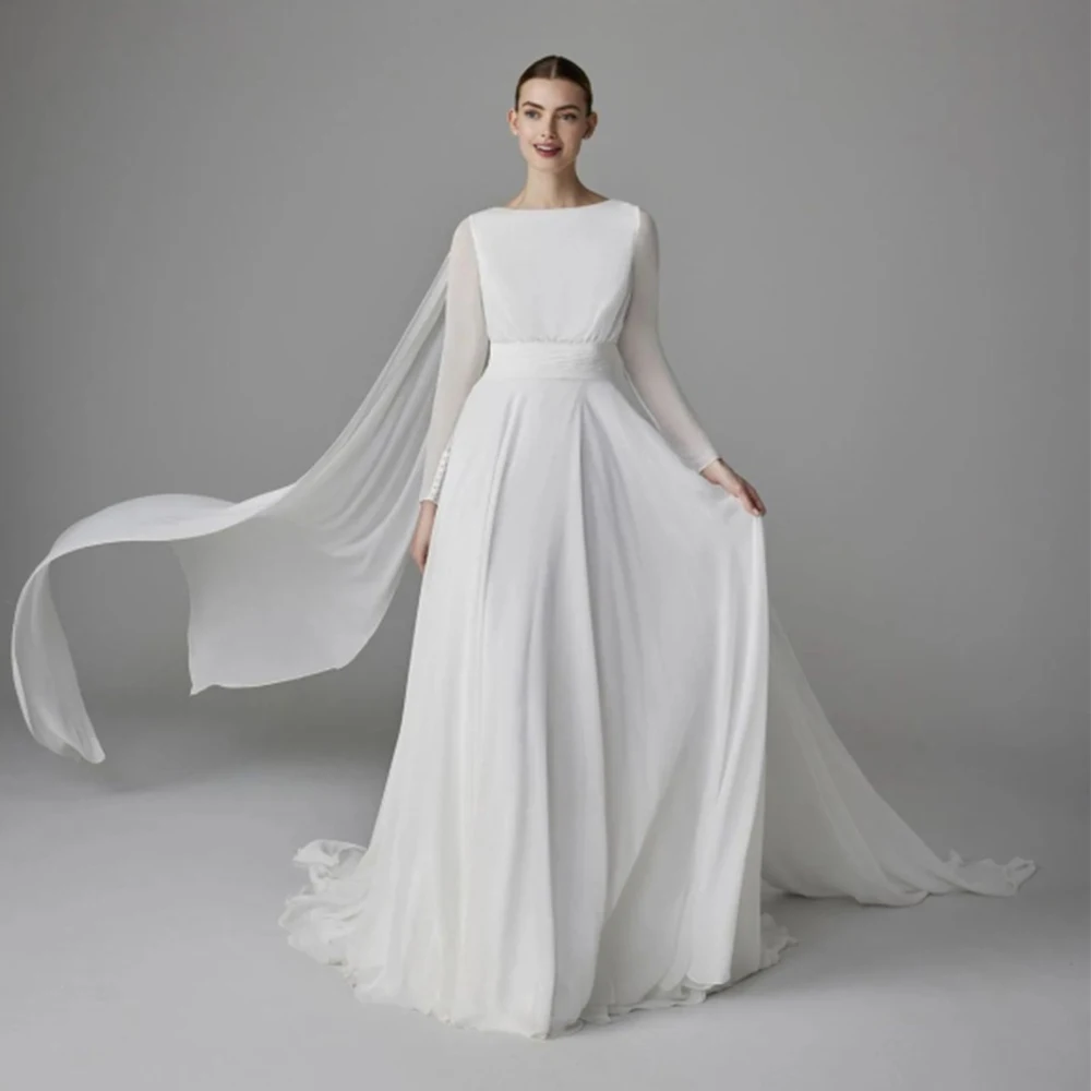 

Simple Chiffon Wedding Dress A-Line Scoop Neck Long Sleeves with Button Bride Customized Floor Length Marriage Gowns Robe