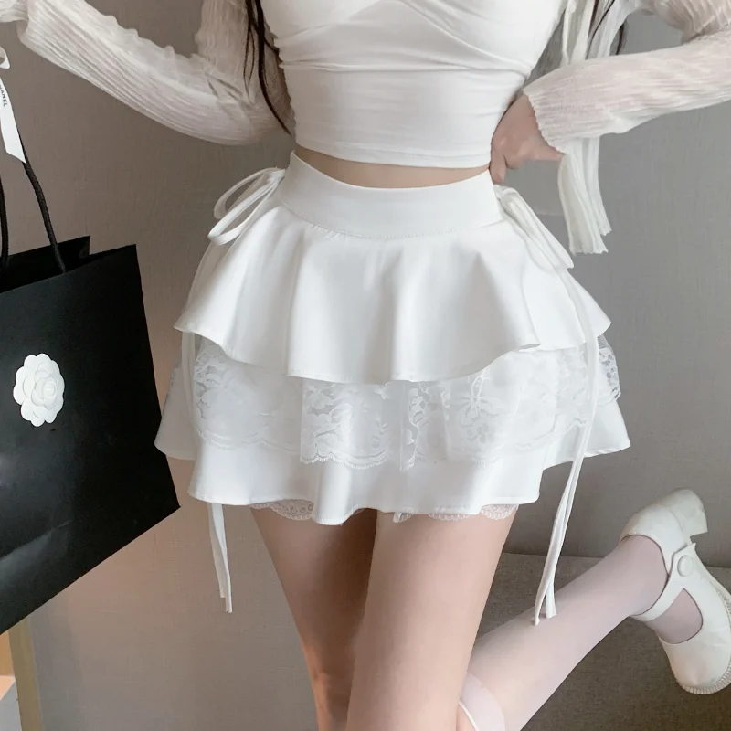 Gothic Sexy Ruffle Tiered Skirts Women Cute Lolita Style Lace Cake Skirt Girl Kawaii Clothes High Waist Solid A-Line Mini Skirt