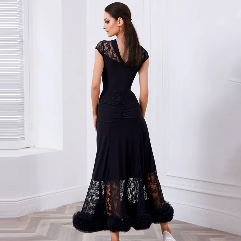 Fashion Adults Modern Dancing Dresses Women\'S Latin Dance Competition Costume Black Lace Sleeves Latin Top Long Skirts SL13803