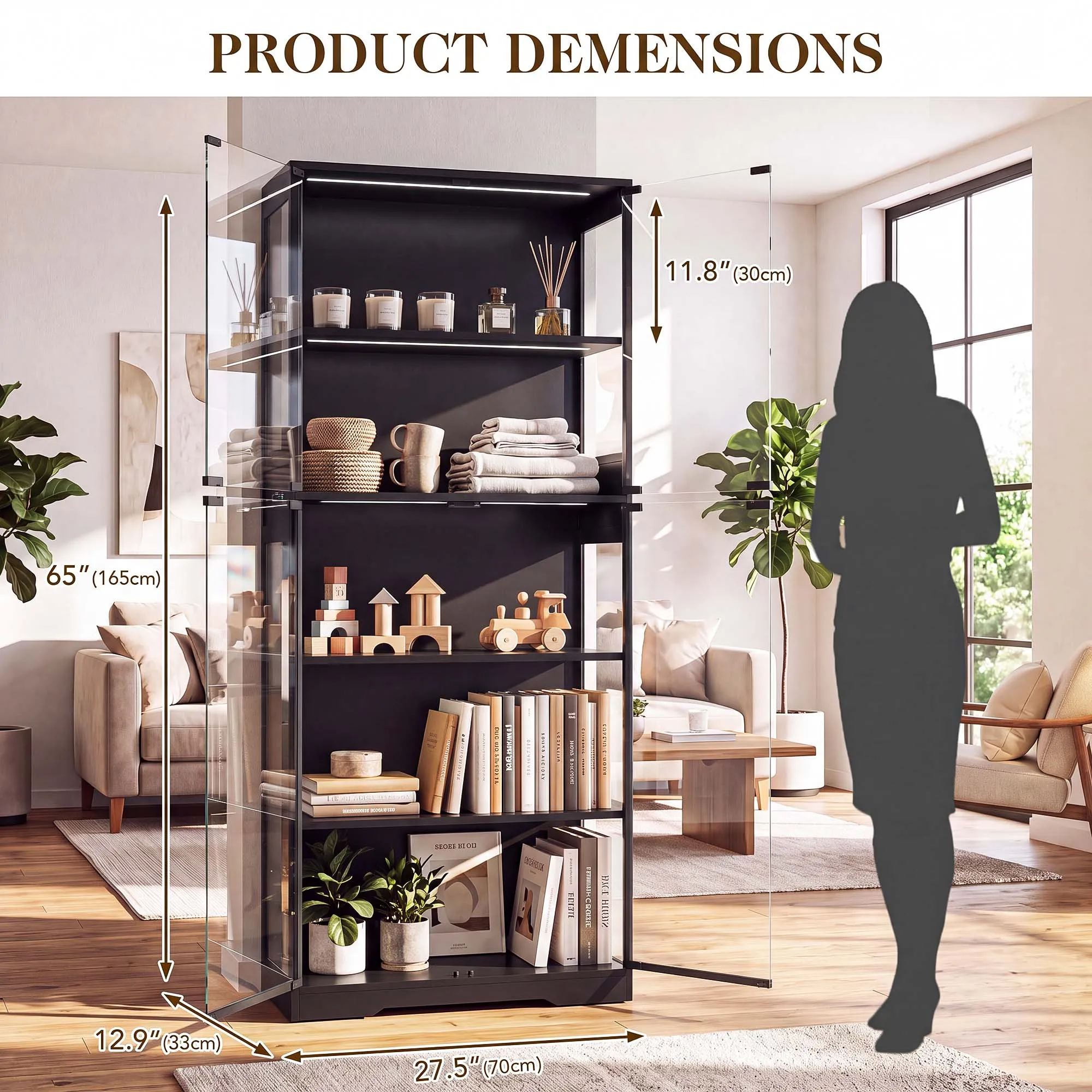 TCGBKAF 5‑Tier Display Cabinet with Glass Doors Motion Sensor Dimmable LED Lights Wooden Frame Display Storage Cabinet for Collectible Figures Living Room Bedroom Office Home Furniture view 2