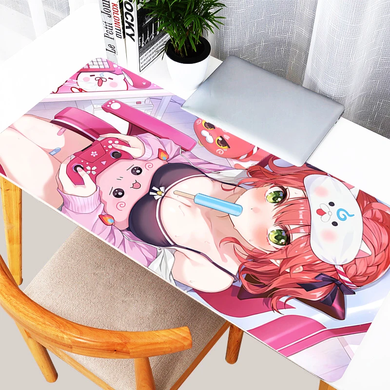 Gaming Mouse Pad, XXL Desk Mat, Anti-slip Base, Stitched Edges, Red Hair Anime Girl Game Controller Pink Cute Print Table Mat