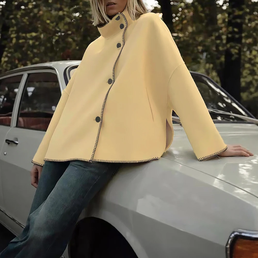 

Модное европейское и американское пальто с застежкой на плечах, нерегулярное пальто, женский трикотаж, воротник-стойка, пуговицы, свободная шерстяная одежда