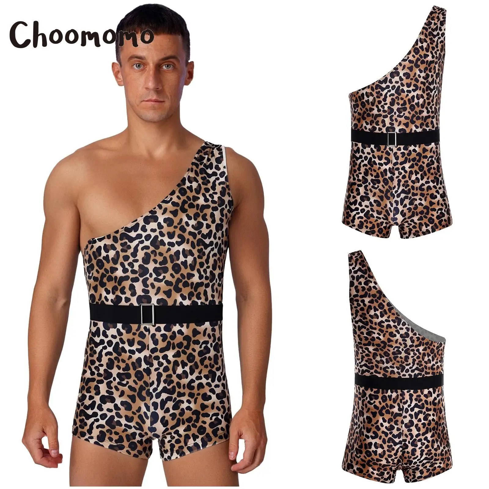 

Mens Halloween Primitive Man Costume Cosplay Bodysuit One Shoulder Christmas Romper with Belt for Raves Masquerade Themed Party