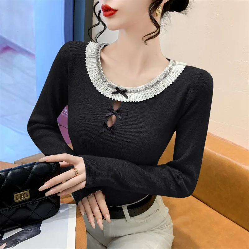 여성용 레이스 트림 매듭 장식 홀 니트웨어 슬림핏 베이스 스웨터 탑 한국 스타일 출퇴근 패션