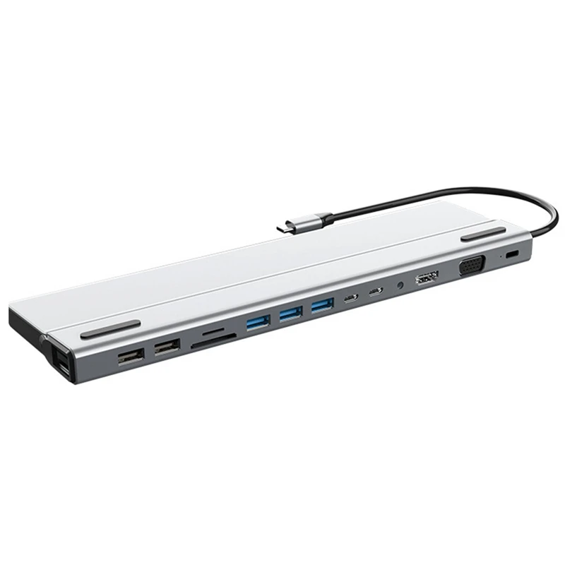 

1 PCS Silver 14 In 1 Multi-Function Fast Charging Station Gigabit Docking Station Hub For Laptop Adapter