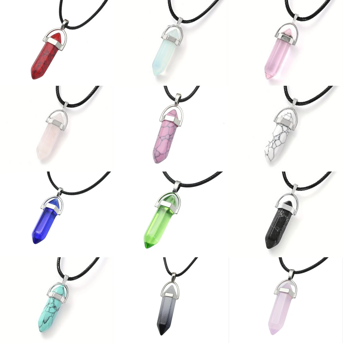 Natural Stone Pendant Necklace Women PU Leather Glass Hexagonal Column Pointed Reiki Chakra Lapis Opal Chunky Jewelry