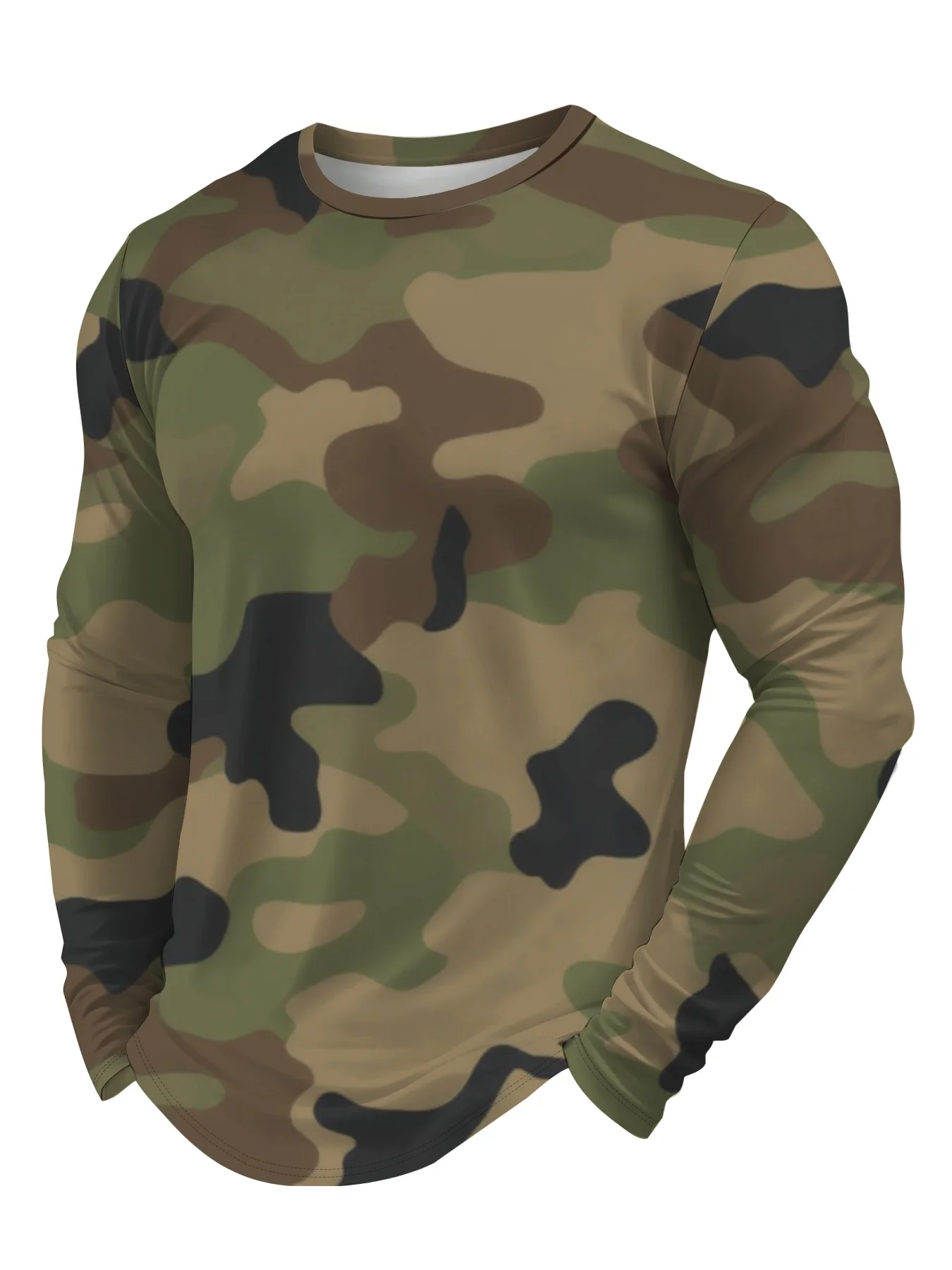 Men's Camouflage Full Print Long Sleeved T-shirt, Round Neck Polyester Fiber Top, Outdoor Tactical Style Sports Pullover T-shirt