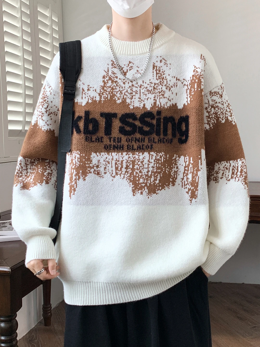

Retro American Knitwear Men's round Ne Sweater Autumn Winter Warmth Letter Embroidery Loose Fit Soft Thiened Polyester Nylon