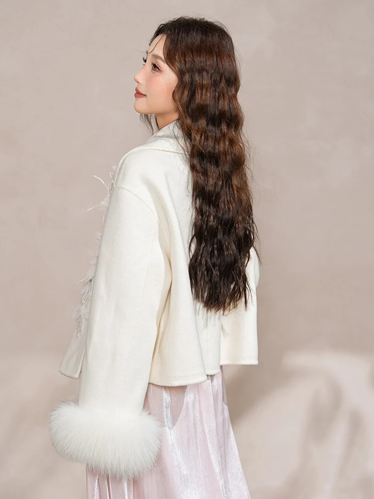 เสื้อโค้ทขนสุนัขจิ้งจอกแท้สำหรับผู้หญิง ฤดูหนาว ปี 2025  ผ้าขนสัตว์แคชเมียร์  ปักลาย  เสื้อคลุม