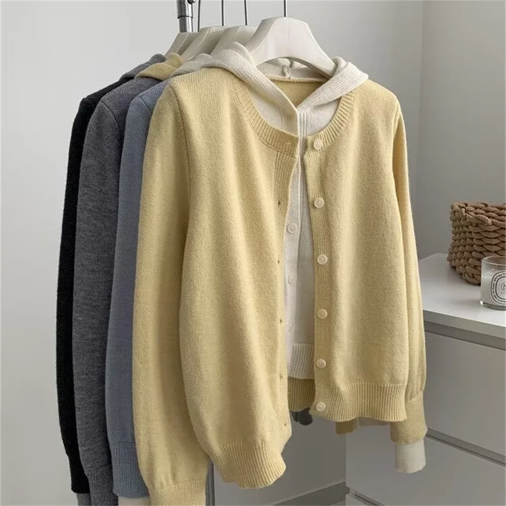 Korean Style Women's Clothing Fake Two Piece Hooded Knit Cardigan Women Autumn Winter Fashion Simple Sweater Coat Jackets Tops