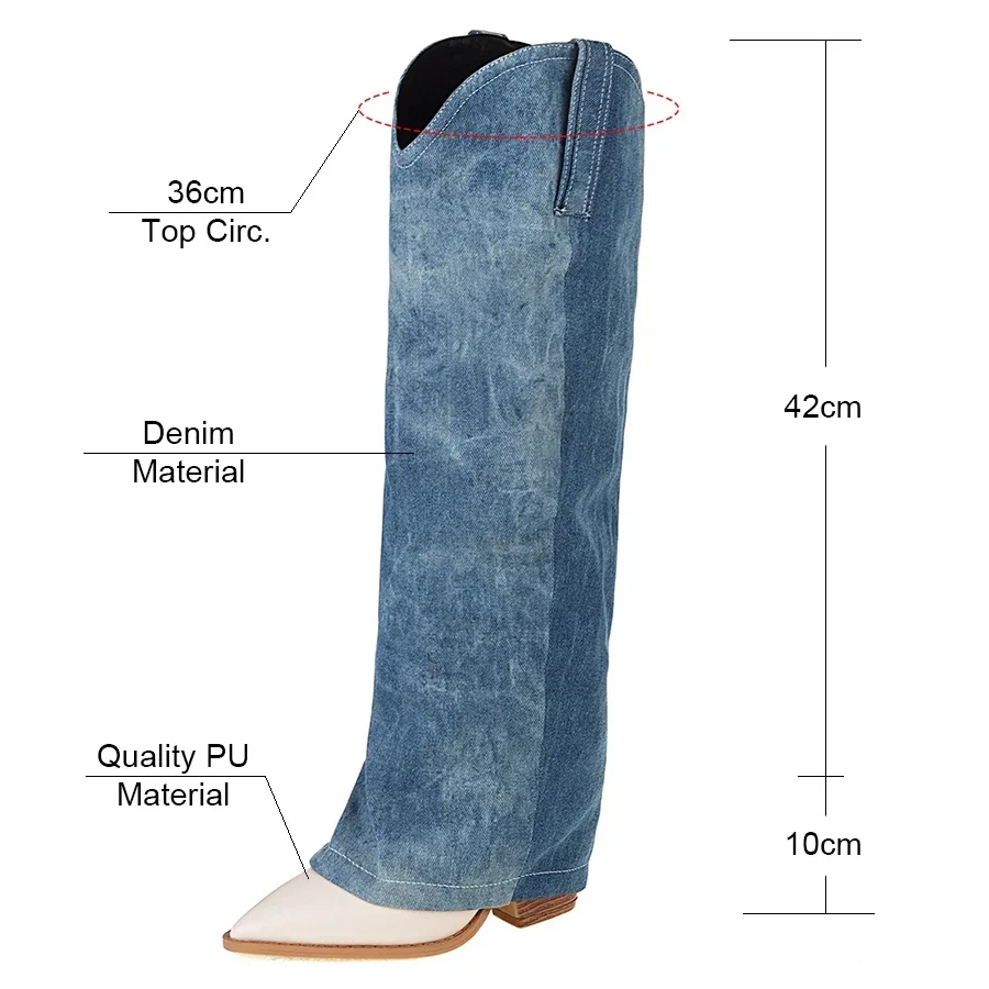 Moda Kobiety Denim Fold Over Long Boots Blue Jean Pants Pointed Toe High Wedge Heels Winter Plush Cowgirl Plush Knee High Boots