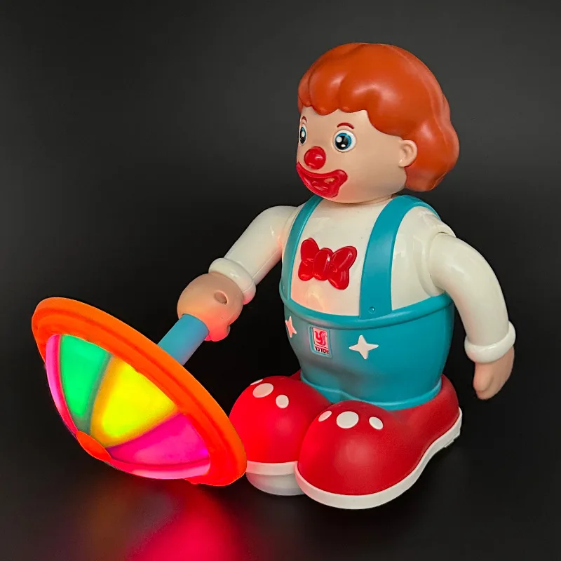 Nuevo juguete eléctrico universal de payaso con paraguas giratorio, iluminación, música, muñeca de juguete para niños, venta al por mayor en inglés