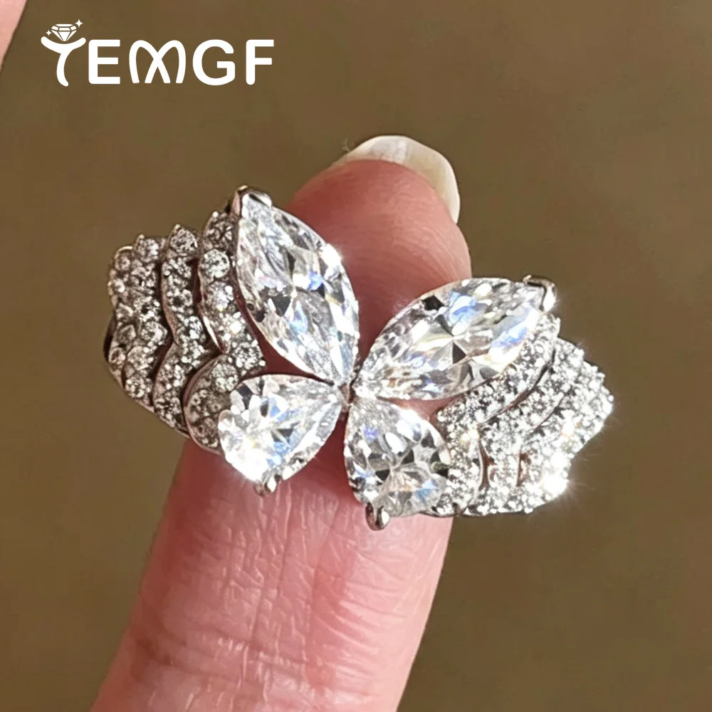 Luxury Butterfly Shape Marquise Cut Cubic Zirconia Ring for Women 925 Sterling Silver Multi-Layer Wedding Band Sparkling Jewelry