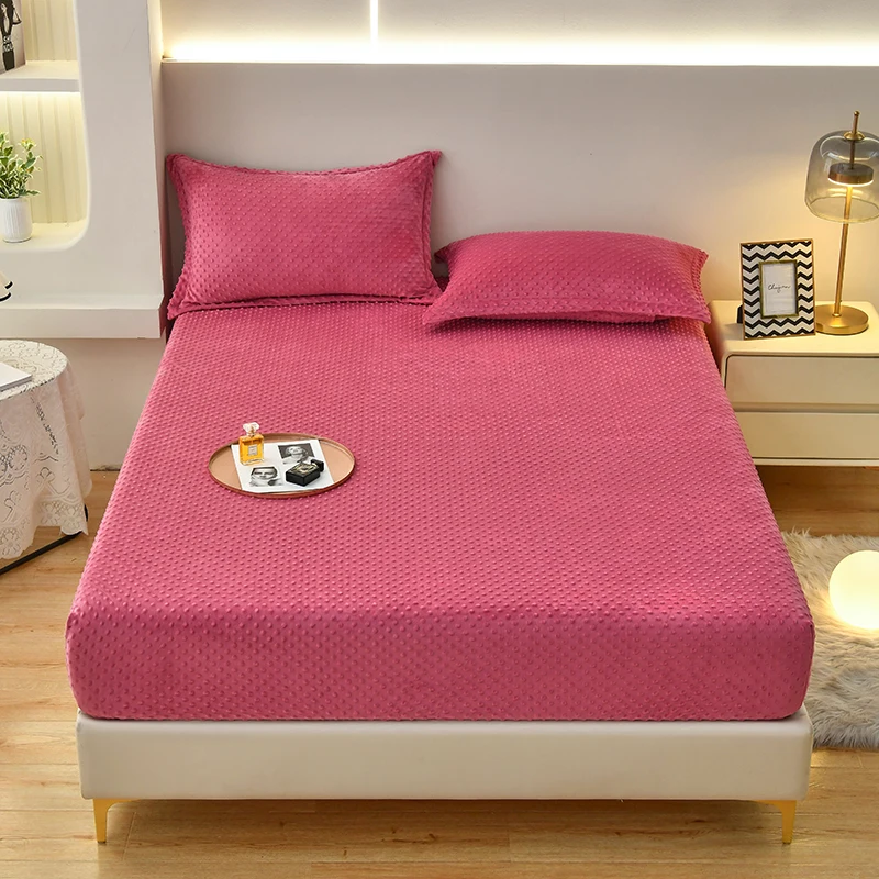 Solid Color Velvet Fitted Sheet Elastic Bedspread Mattress Protector Cover Soft Touch Bed Linen Winter Warm Flannel Fitted Sheet