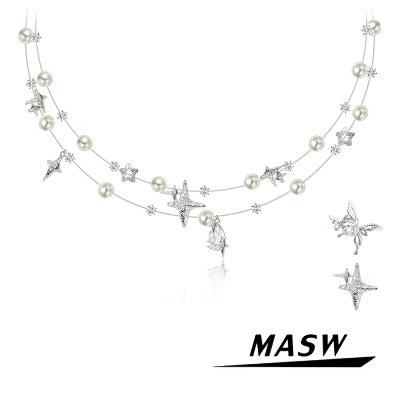 MASW Original Design Spring Summer Style Simulated Pearl Sparkling Star Necklace For Women Party Wedding Gift Fashion Jewelry