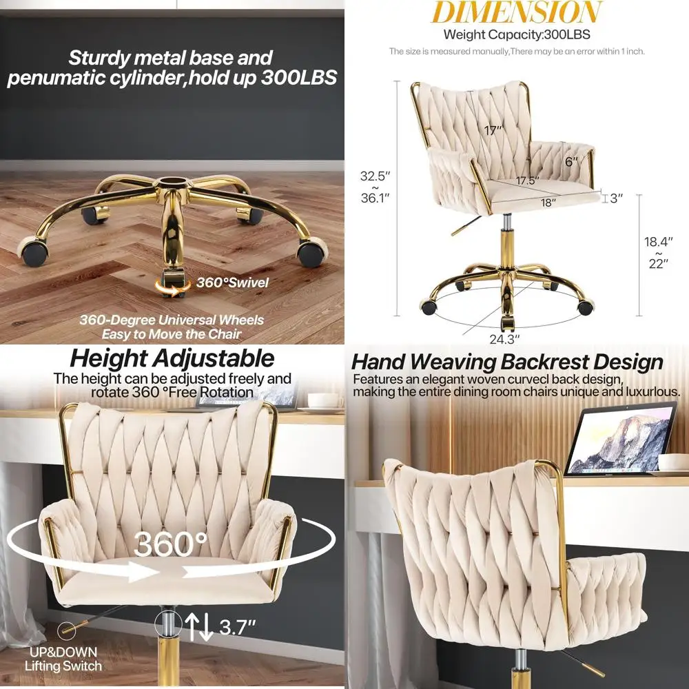 

Мягкое бархатное офисное кресло с плетеным сиденьем, регулируемым сиденьем для макияжа, подлокотниками и золотым металлическим основанием на колесиках для домашнего офиса
