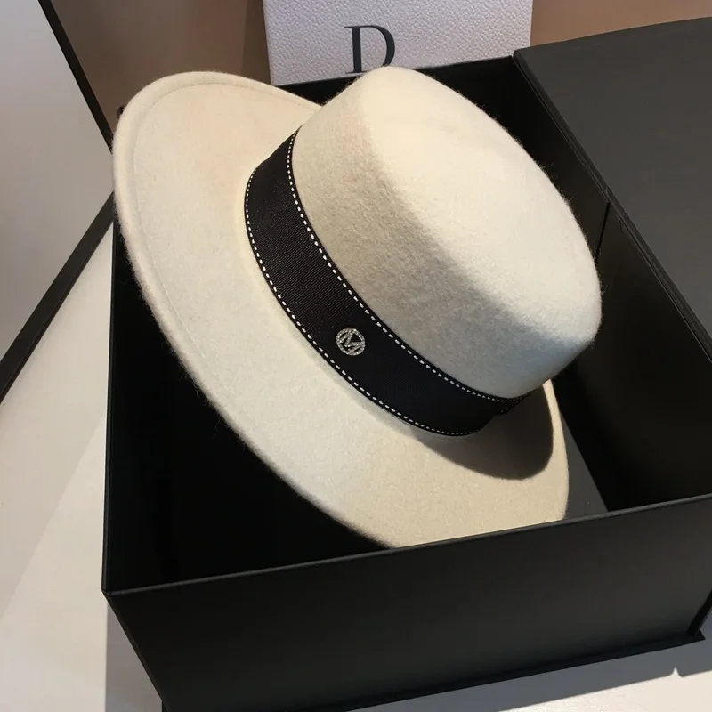 

Wool Fedora Hat Wide Brim Flat Top in Black and White Neutral Colors for Autumn Winter Casual Unisex Wear Men and Women