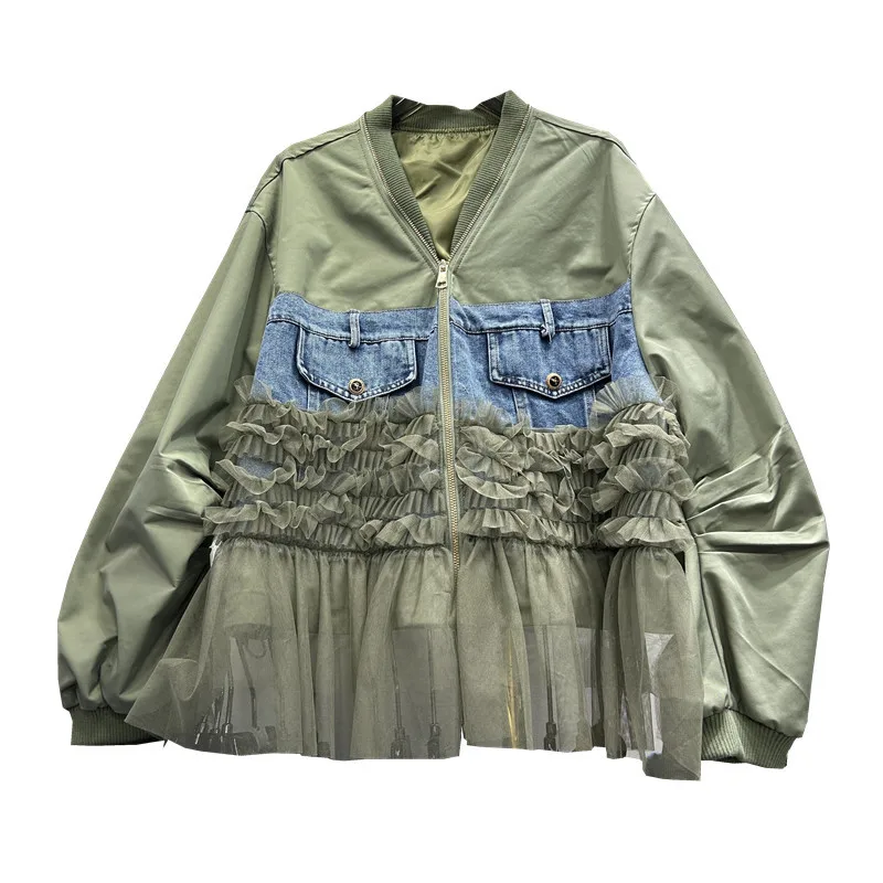 

Woman Mesh Splicing Ruffles Denim Baseball Jacket Autumn Jeans Patchwork Coat Gauze Ruched Pleated Zipper Cowboy Cardigan Tops