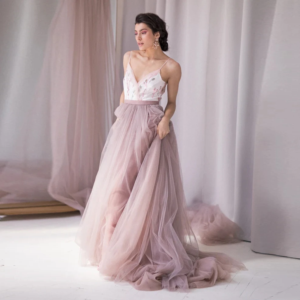 

Dusty Pink A-line Engagement Long Tulle Skirts Women With Train Zipper High Quality Floor Length Bridal Bridesmaid Skirt