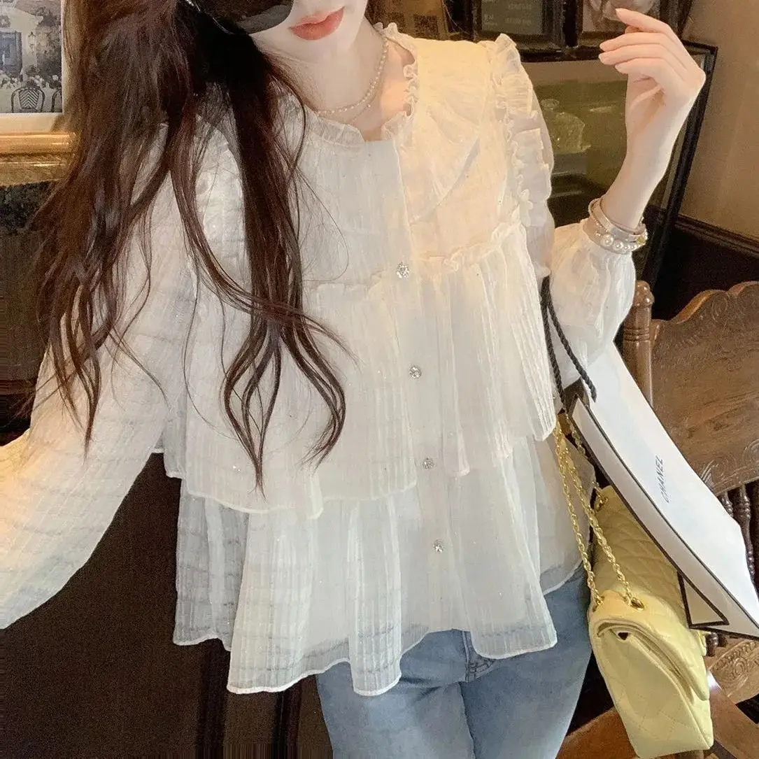 Temperament Bubble Sleeves Women\'s Shirt Spring And Autumn Fashion New Hollow Chiffon Long Sleeved Top