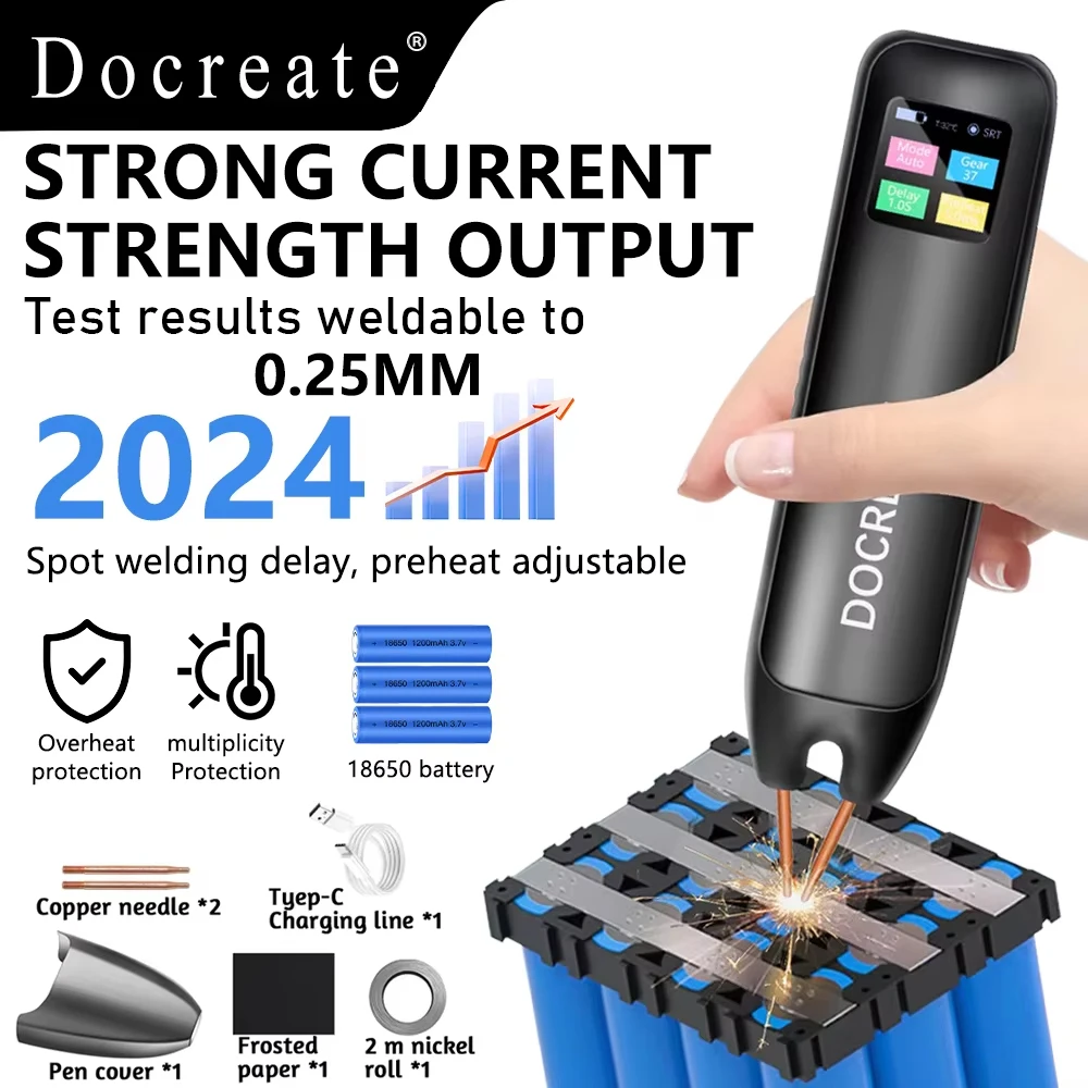 

Портативный точечный сварочный аппарат Docreate 756 для аккумуляторов 18650, миниатюрный бытовой аппарат для контактной сварки, для никелевых листов толщиной 0,1–0,25 мм