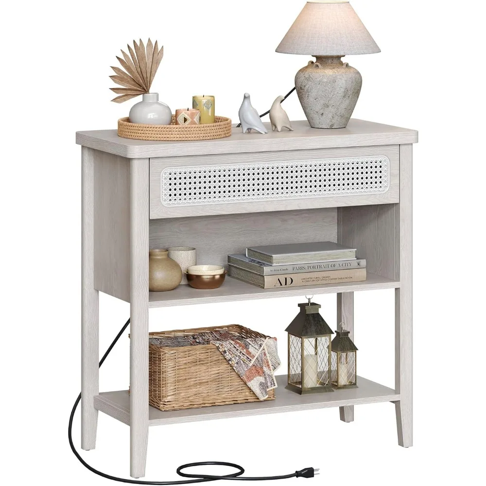 

Sturdy Console Table with Power Outlets, Entryway Table with Storage Shelf, Sofa Table with Drawer, Open Compartment, Rounded